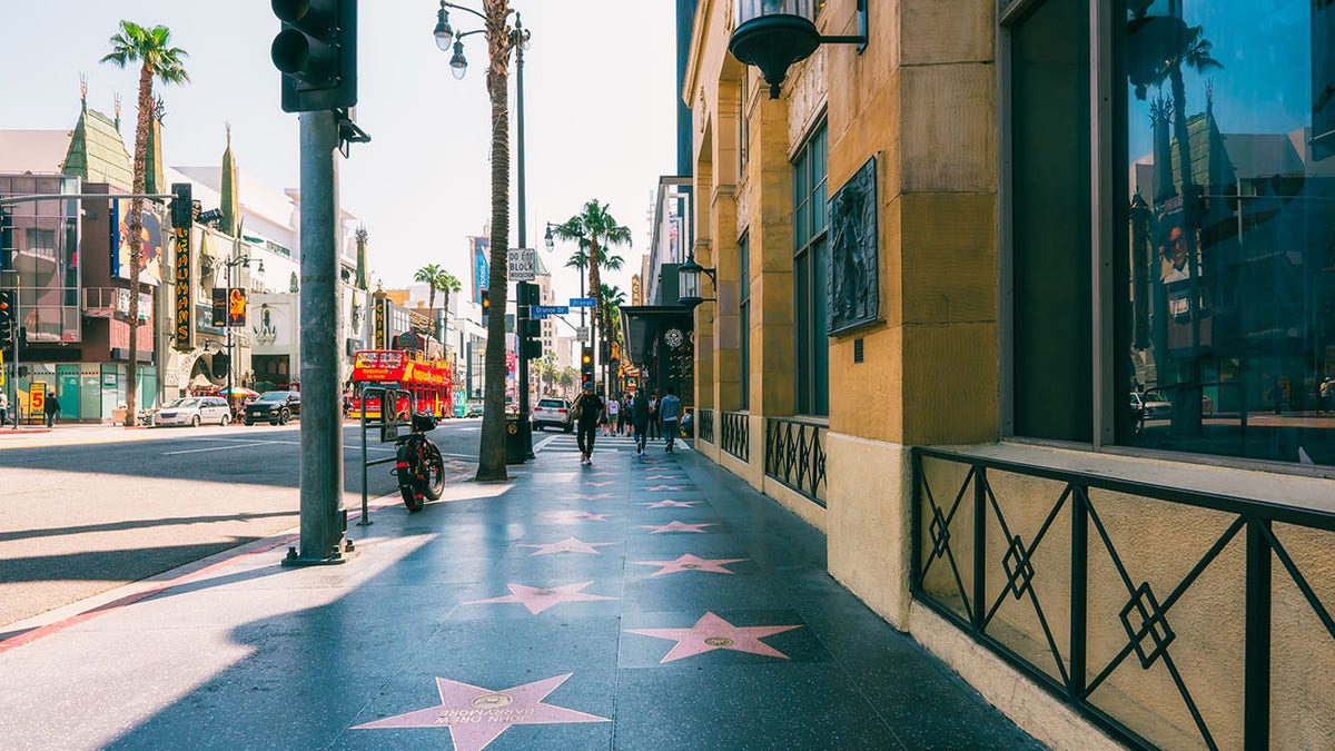 Hollywood, California, USA - April 26, 2023. Hollywood Boulevard. Look at celebrities that have received stars on the Hollywood Paseo de Fama